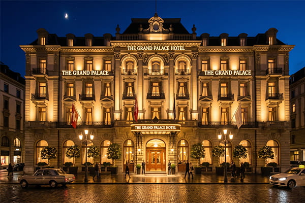 Luxury hotel facade lit with 3000K warm white lighting